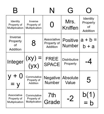 Math Properties & Absolute Value Bingo Card