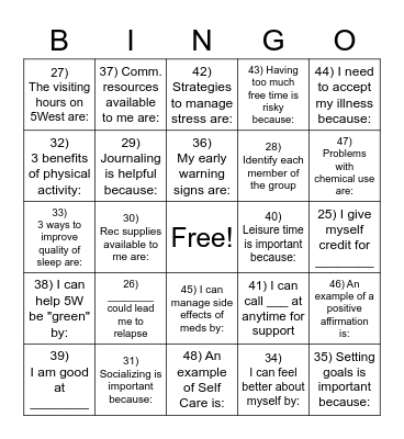 Mental Health Bingo Card