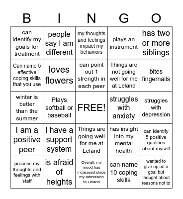 Mental Health Bingo Card