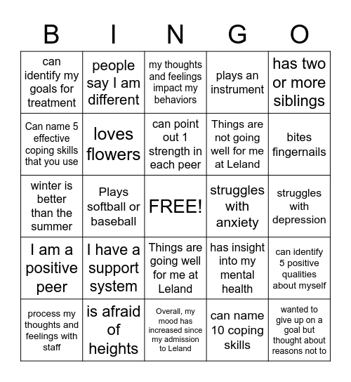 Mental Health Bingo Card