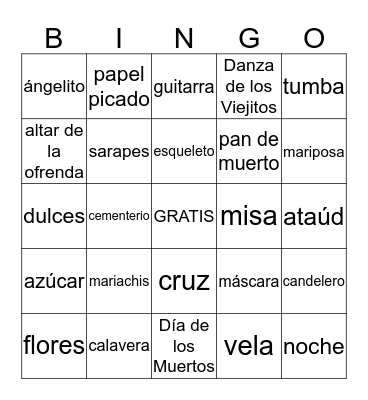 El Día de los Muertos Vocabulario Bingo Card