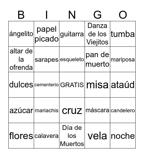 El Día de los Muertos Vocabulario Bingo Card
