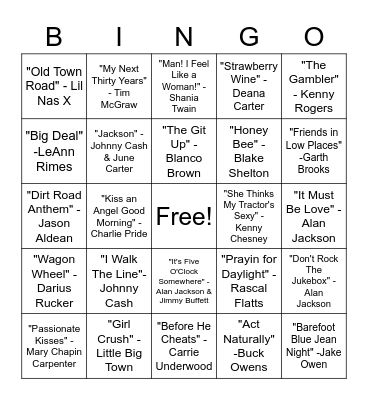 SINGO - Country Bingo Card