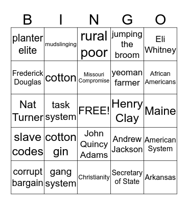 The Land of Cotton & Growing Sectionalism Bingo Card
