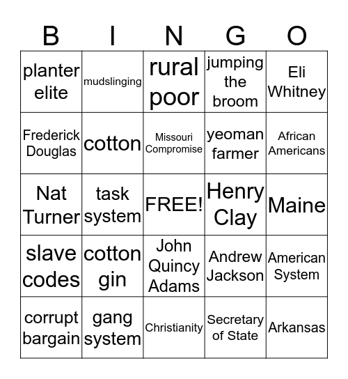 The Land of Cotton & Growing Sectionalism Bingo Card