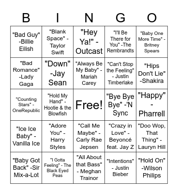 SINGO - Pop Hits Bingo Card