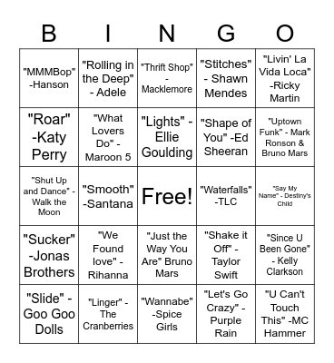 SINGO - Pop Hits Bingo Card