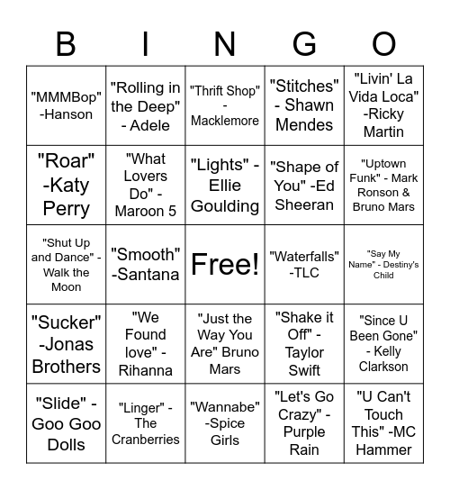 SINGO - Pop Hits Bingo Card