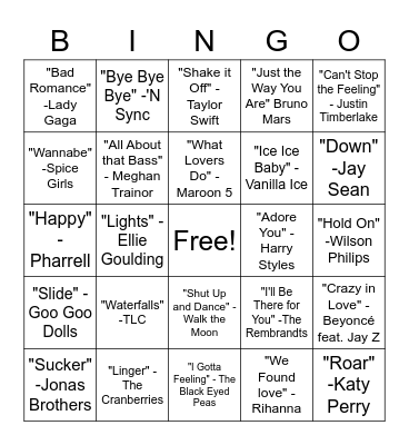 SINGO - Pop Hits Bingo Card