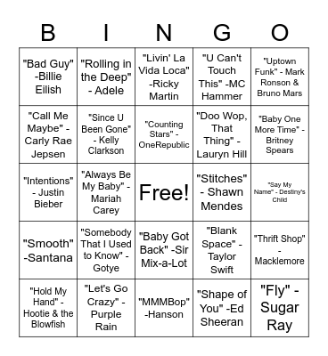 SINGO - Pop Hits Bingo Card