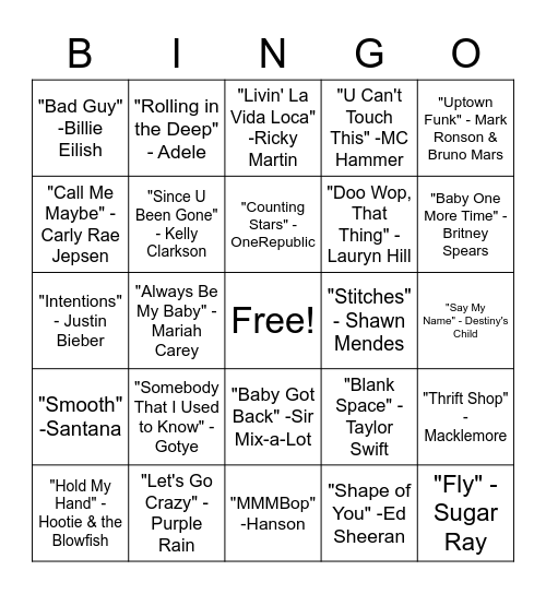 SINGO - Pop Hits Bingo Card