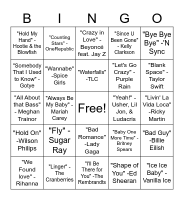 SINGO - Pop Hits Bingo Card