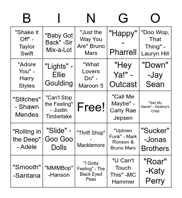 SINGO - Pop Hits Bingo Card