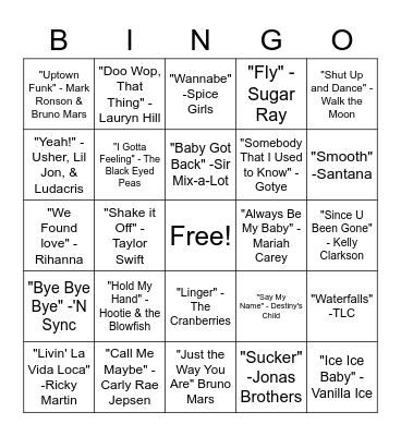 SINGO - Pop Hits Bingo Card