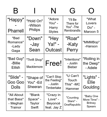 SINGO - Pop Hits Bingo Card