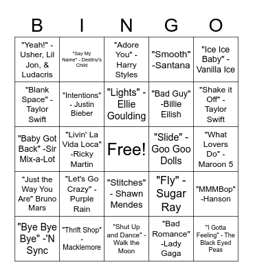 SINGO - Pop Hits Bingo Card