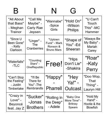 SINGO - Pop Hits Bingo Card