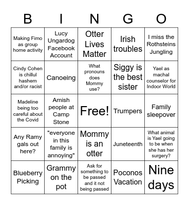 Family Shabbat Conversation Bingo 7/17 Bingo Card