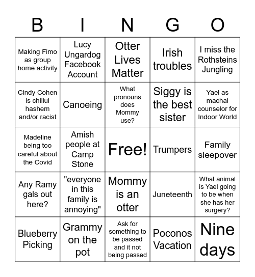 Family Shabbat Conversation Bingo 7/17 Bingo Card