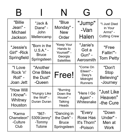 SINGO - '80s Bingo Card