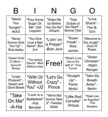 SINGO - '80s Bingo Card