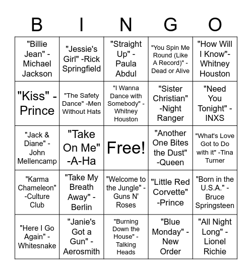 SINGO - '80s Bingo Card