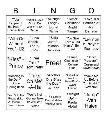 SINGO - '80s Bingo Card