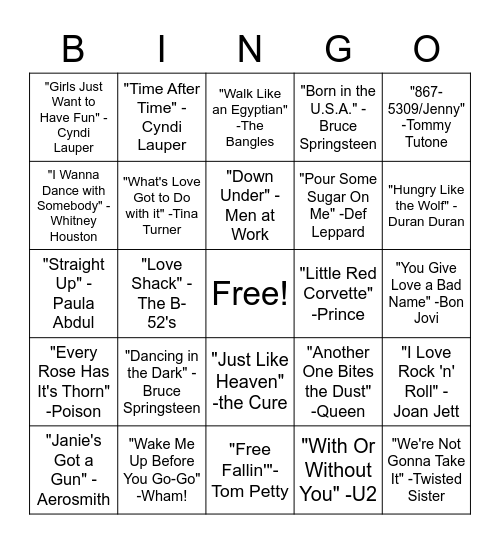 SINGO - '80s Bingo Card