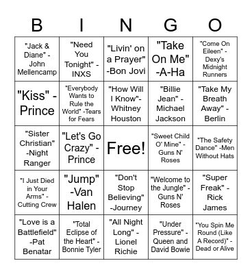 SINGO - '80s Bingo Card