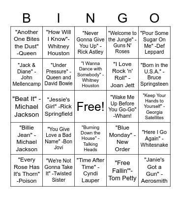 SINGO - '80s Bingo Card