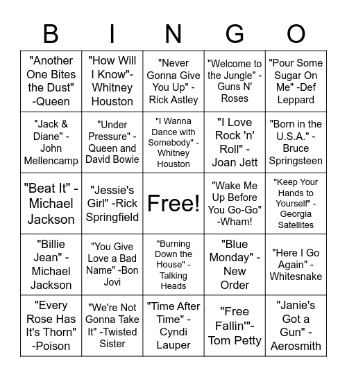 SINGO - '80s Bingo Card