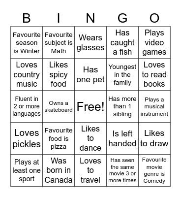 All About Me! Bingo Card