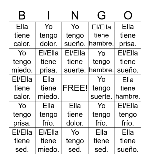 Tengo - Tiene Bingo Card