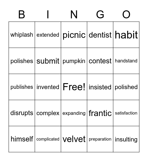 Multisyllable Closed Words Bingo Card