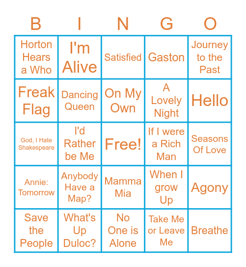 Musicals Bingo Card