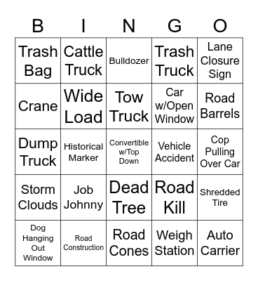 Road Kill Trip Bingo Card