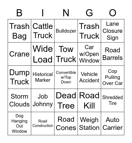 Road Kill Trip Bingo Card
