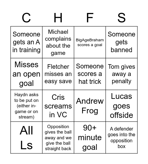 Chiefs FC Bingo Card