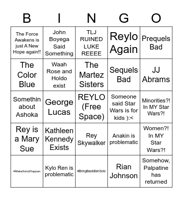 Let's Get Mad at Star Wars! Bingo Card