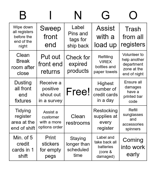 Cashier Bingo Card