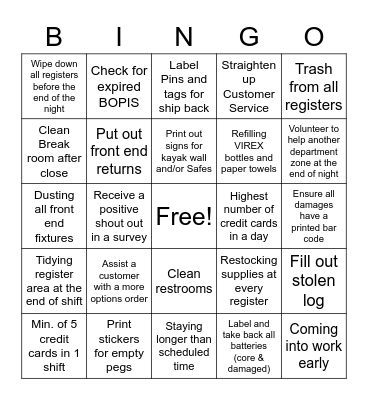 Cashier Bingo Card