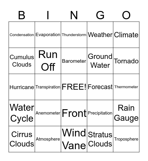 4th Grade - Weather Bingo Card