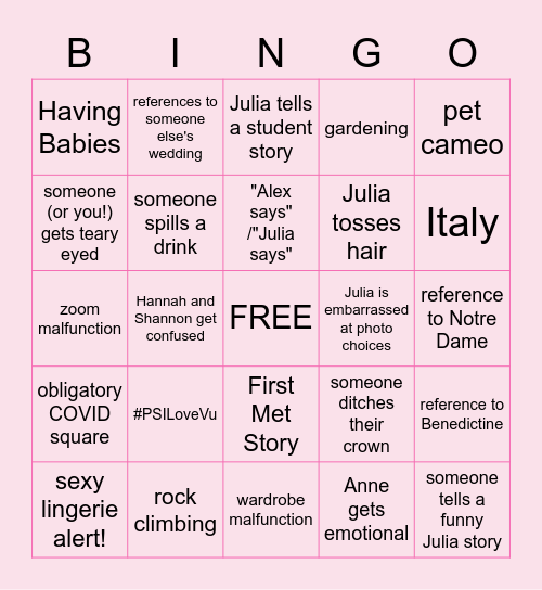 Julia's Shower Bingo Card