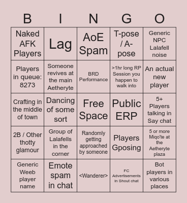 The FFXIV Limsa Lominsa Experience Bingo Card