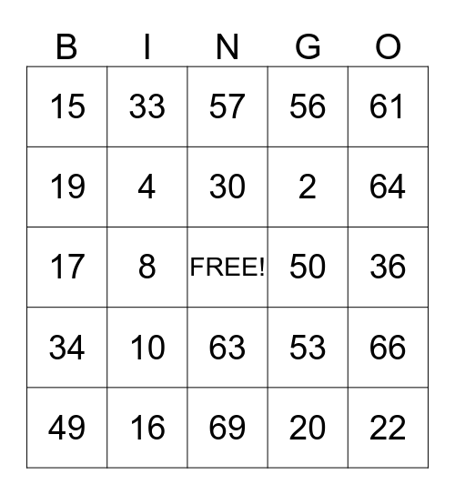 NUMBER BINGO Card