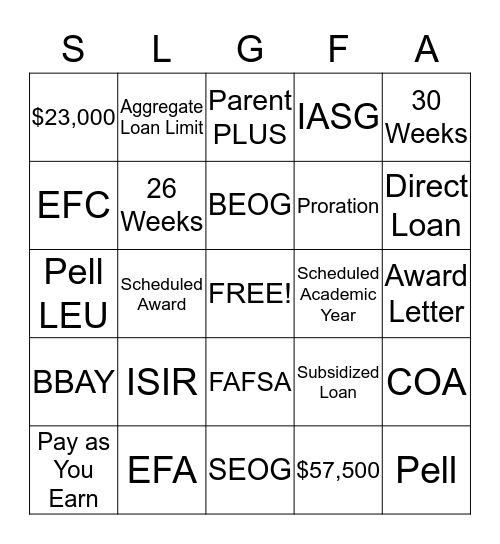 Financial Aid Bingo Card