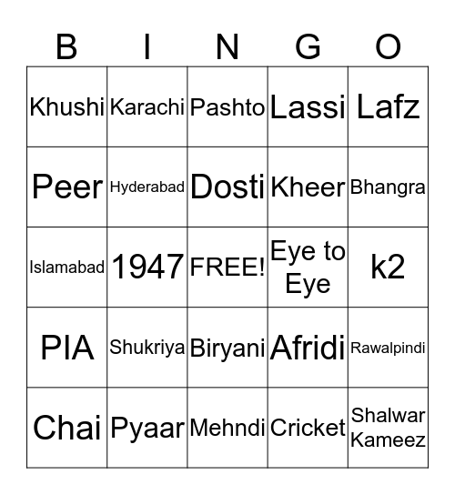 Pakistan Bingo Card