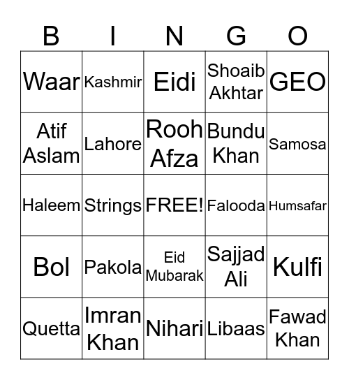 Pakistan Bingo Card