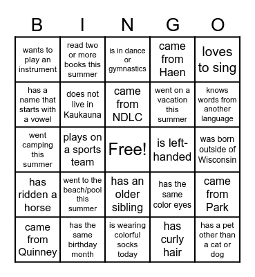 Homeroom BINGO Card