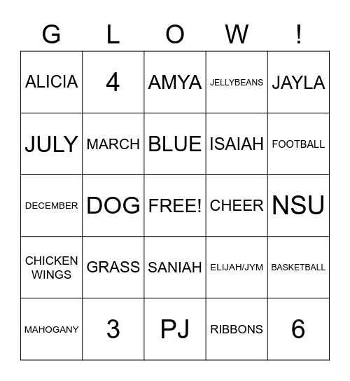 BING GLOW!! Bingo Card